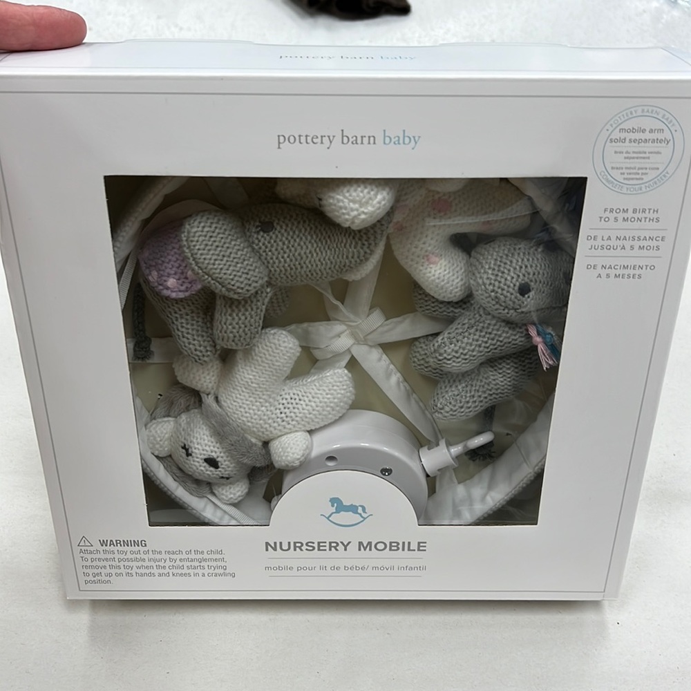 Pottery Barn Baby Nursery Mobile  WITH ARM. 0-5 Months knit animals white/grey